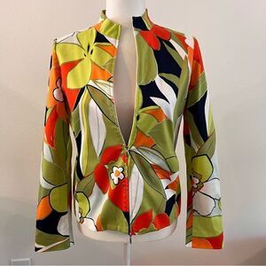 Andrea Jovine Jacket Size 4 Lined Green And Coral Zip Front Long Sleeve Lined